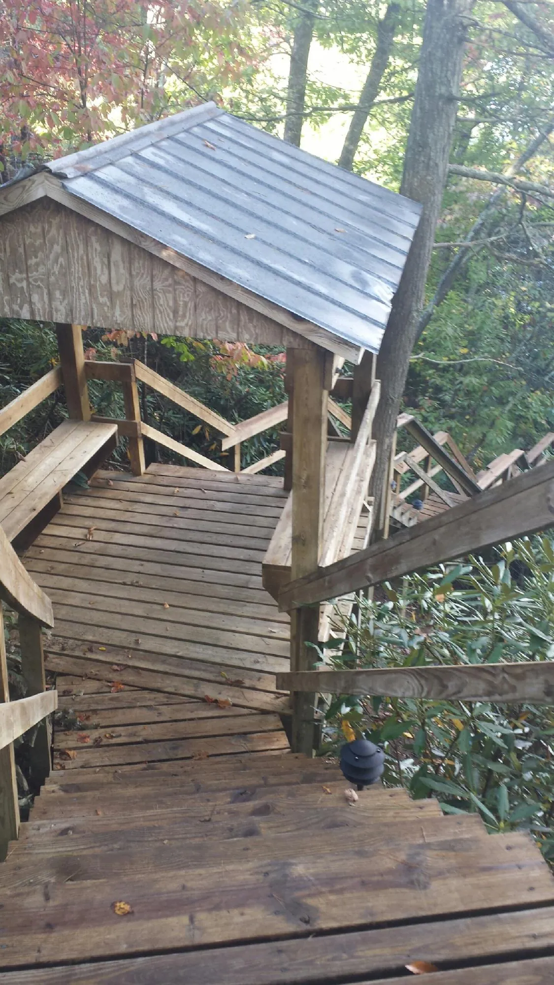 Metal roofed shelter over wooden steps on a wooded walkway — Skylight Repair & Installation work by our crew in Mount Freedom